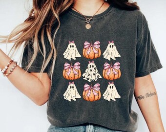 Comfort Colors Shirt Coquette Ghost Pumpkin Tshirt, Retro Pink Coquette Bow Spooky Season Halloween T-shirt, Halloween Funny Ghost Girl Tee