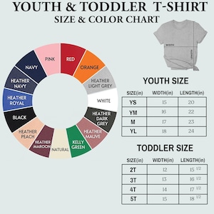 The image is a size and color chart for a youth and toddler t-shirt. It includes a color wheel with various colors and a table with size and color information for different age groups.