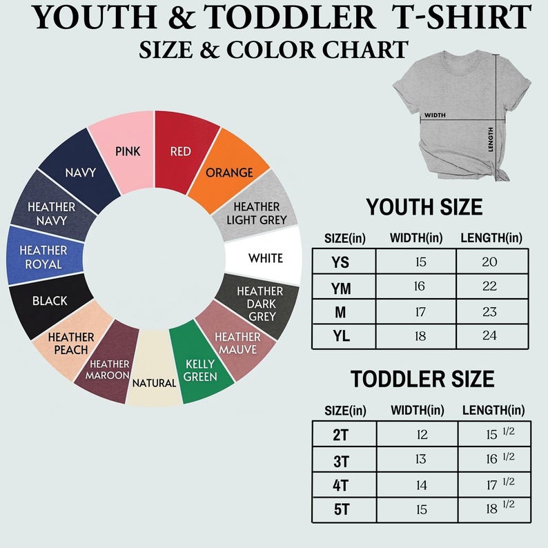 The image is a size and color chart for a youth and toddler t-shirt. It includes a color wheel with various colors and a table with size and color information for different age groups.