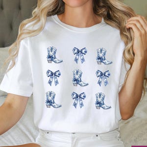 Coquette Cowgirl Comfort Colors Shirt, Toile De Jouy Coquette Bow Cowgirl Boots Shirt, Aesthetic Blue Ribbon Sweater Girly Aesthetic Shirt