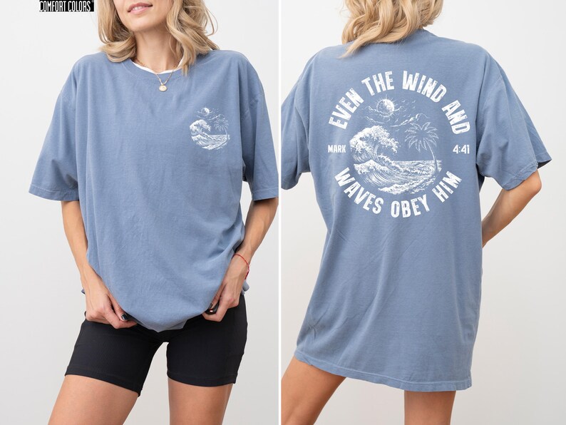Experience the serene power of faith with our Comfort Colors shirt, inspired by the scripture from Mark 4:41. This waves obey him shirt beautifully captures a moment of divine calm, perfect for those who cherish ocean inspired style and seek a meaningful church service shirt. Crafted for comfort and spiritual connection, it’s an ideal choice for beach Christian gatherings or everyday wear.