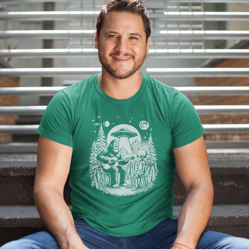 Bigfoot Play Guitar with Alien and UFO shirt, Bigfoot and alien shirt gift for outdoor lover, Woodland tshirt, Camping Tshirt, Sasquatch Tee