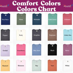The image is a color chart displaying various colored t-shirts, each with a different color name.