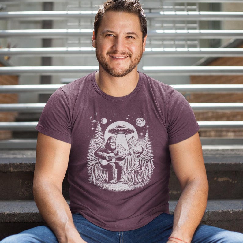 Bigfoot Play Guitar with Alien and UFO shirt, Bigfoot and alien shirt gift for outdoor lover, Woodland tshirt, Camping Tshirt, Sasquatch Tee