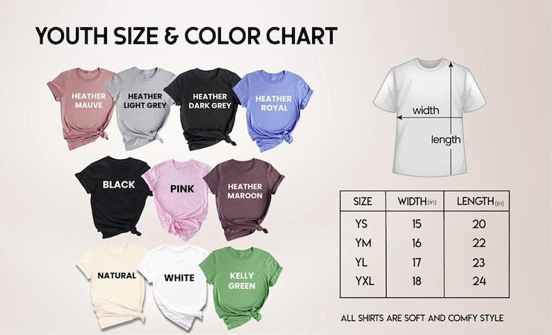 youth size and color chart for a t - shirt