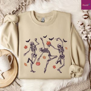 Dancing Skeleton Sweatshirt, Pumpkin Skeleton Fall Sweatshirt For Women, Halloween Party Sweatshirt, Spooky Season Gift Sweatshirt