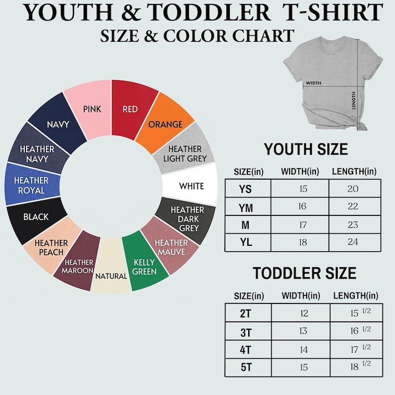 The image is a size and color chart for a youth and toddler t-shirt. It includes a color wheel with various colors and a table with size and color information for different age groups.