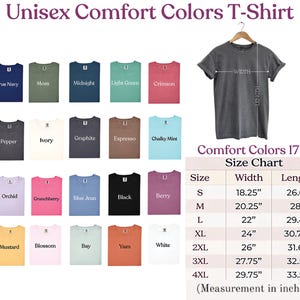 The image is a color t-shirt size chart, displaying various comfort colors and their corresponding sizes. The chart provides a visual representation of the different shirt sizes available, including S, M, L, XL, and XXL. The chart also includes a table with measurements in inches for each shirt size.