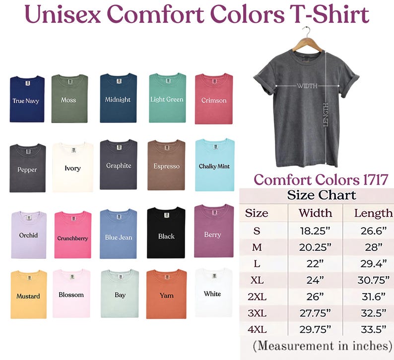 The image is a color t-shirt size chart, displaying various comfort colors and their corresponding sizes. The chart provides a visual representation of the different shirt sizes available, including S, M, L, XL, and XXL. The chart also includes a table with measurements in inches for each shirt size.