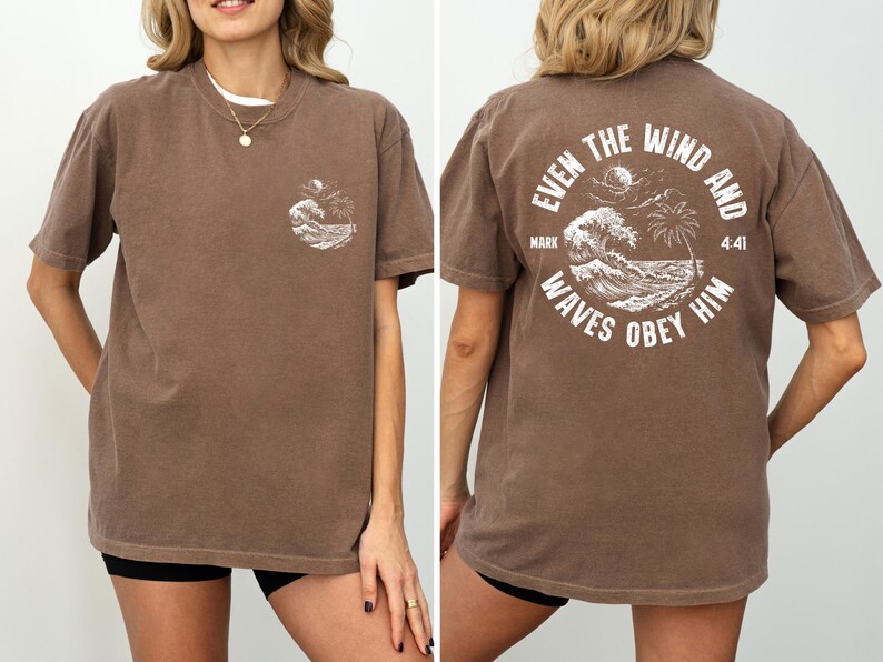 Experience the serene power of faith with our Comfort Colors shirt, inspired by the scripture from Mark 4:41. This waves obey him shirt beautifully captures a moment of divine calm, perfect for those who cherish ocean inspired style and seek a meaningful church service shirt. Crafted for comfort and spiritual connection, it’s an ideal choice for beach Christian gatherings or everyday wear.