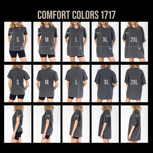 The image is a collage of 12 images showing different sizes of gray t-shirts, with measurements and text indicating the sizes.