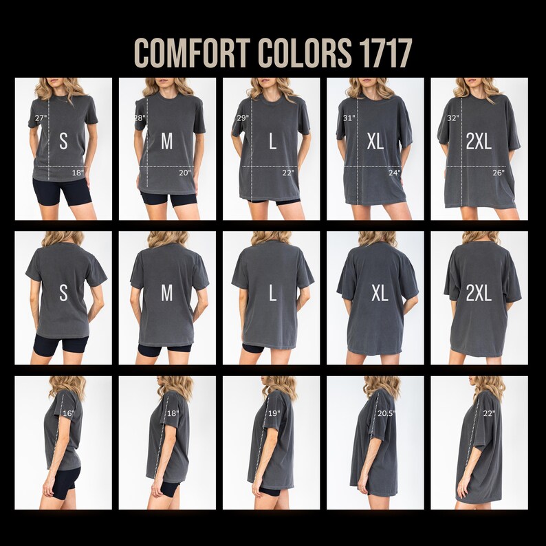 The image is a collage of 12 images showing different sizes of gray t-shirts, with measurements and text indicating the sizes.