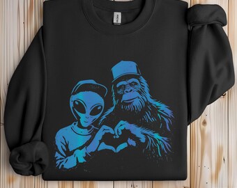 Bigfoot and Alien Sweatshirt,  Bigfoot Sasquatch Sweatshirt, Bigfoot and Alien Sasquatch Love Hand Sweatshirt, Bigfoot and Aliens Sweatshirt