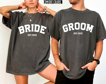 Custom Bride & Groom Shirt Comfort Colors T-shirt, Personalized Engagement Honeymoon Matching Bride And Groom Shirt, Wedding Party Gift Tee