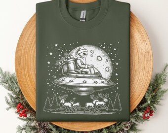 Alien Santa Claus and UFO Sweatshirt, Sci-Fi Alien Santa Claus Riding UFO Woodland Sweatshirt, Vintage Christmas Graphic Alien Sweatshirt