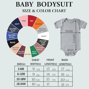 The image is a size and color chart for a baby bodysuit, showing the different sizes and corresponding colors. The chart includes a color wheel and a table with size and width measurements for various age groups.