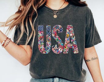 Comfort Colors Floral USA T-Shirt, Patriotic American Flag Shirt for Women, 4th of July Red White Blue Tee, Summer Independence Day Top