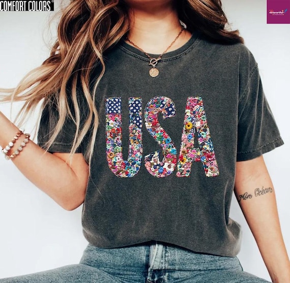 Comfort Colors Floral USA T-Shirt, Patriotic American Flag Shirt for Women, 4th of July Red White Blue Tee, Summer Independence Day Top