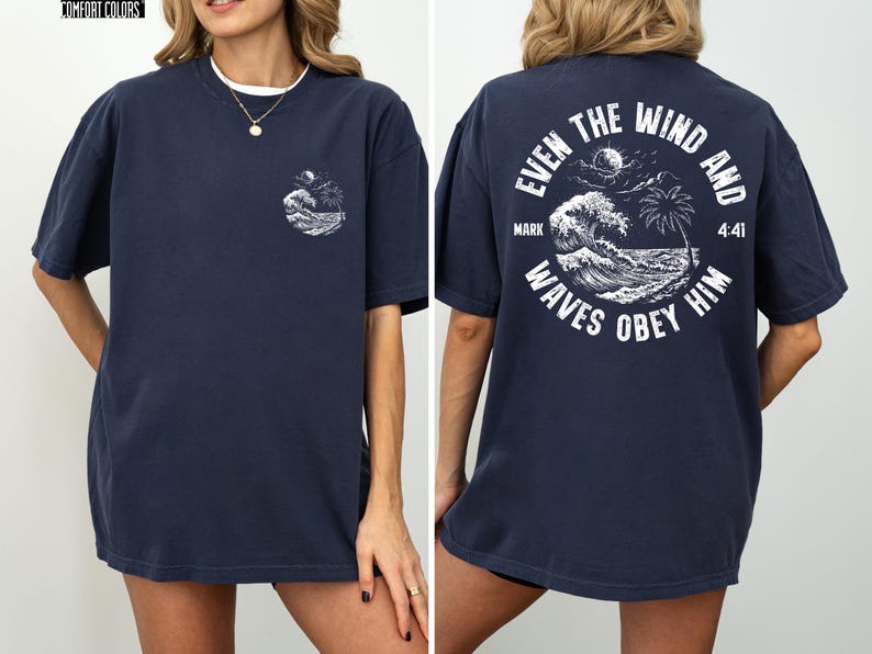 Experience the serene power of faith with our Comfort Colors shirt, inspired by the scripture from Mark 4:41. This waves obey him shirt beautifully captures a moment of divine calm, perfect for those who cherish ocean inspired style and seek a meaningful church service shirt. Crafted for comfort and spiritual connection, it’s an ideal choice for beach Christian gatherings or everyday wear.