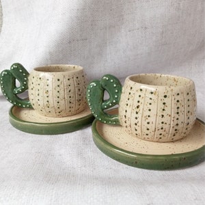 Cactus Coffee Cup with Saucer - Handcrafted Stoneware, Desert-Themed Drinkware, Unique Gift for Plant Lovers and Home Decor