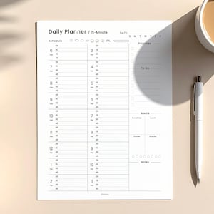 Dagelijks schema van 15 minuten, dagelijkse planner afdrukbaar, tijdblokkerende planner, uurplanner, ADHD planner, A4 A5 brief | Puntraster en blanco pdf