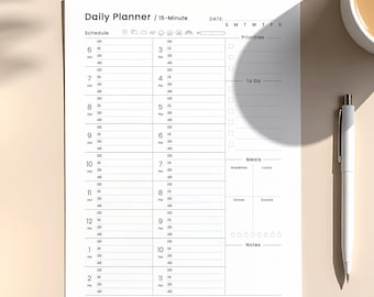 Agenda diária de 15 minutos, planejador diário para imprimir, planejador de blocos de tempo, planejador por hora, planejador para TDAH, A4, A5 e Carta | PDF com grade de pontos e em branco
