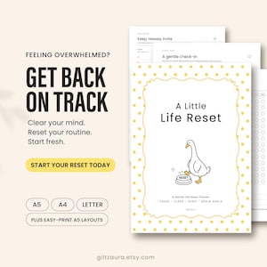 Könnte beinhalten: Ein digitaler Planer mit dem Titel A Little Life Reset, weißes Cover mit gelbem Punktemuster am Rand und einer Illustration einer Gans, die auf einem Knopf mit der Aufschrift RESET steht. Text: Feeling Overwhelmed? Get Back On Track.