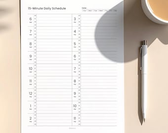 Planejador diário de 15 minutos para imprimir, planejador por hora, planejador de blocos de tempo em PDF, A4, A5, Carta, Meia Carta, planejador minimalista de produtividade.