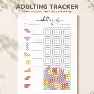 Może przedstawiać: Biały arkusz do śledzenia codziennych zadań z tekstem ADULTING TRACKER oraz Make everyday tasks more rewarding. Układ zawiera nagłówek z liniami Start i Finished oraz siatkę sześciokątnych komórek z kolorowymi kształtami bloków.