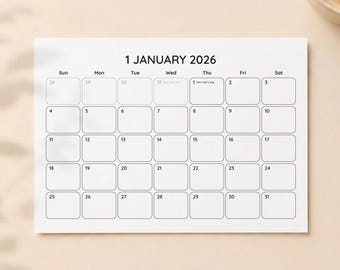 2026 Monthly Calendar Printable PDF, Sunday & Monday Start Calendar, Minimal Calendar, Monthly Planner, Full Year Clean Layout A4, Letter