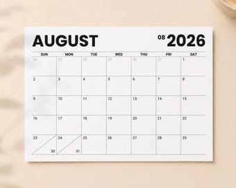 Monatsplaner 2026, minimalistischer Kalender zum Ausdrucken, Sonntag-Montag-Start, Tischkalender, Wandkalender, A4, A5, US Letter, Sofort-Download