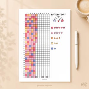 May include: A white paper tracker titled RATE MY DAY featuring a grid for twelve months and thirty-one days. The grid contains colored squares in shades of pink, orange, yellow, blue, and gray. A legend shows star ratings corresponding to colors.