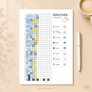 Utskrivbar väderspårare, år i pixlar, bullet journal väderlogg, daglig väderspårare, klimatjournal, årsspårare A4 A5 Letter