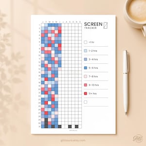 Peut inclure: Une feuille de suivi d'écran blanche avec une grille pour les mois et les jours, des carrés colorés pour le suivi du temps et une légende avec des catégories allant de moins d'une heure à plus de 11 heures. Texte : SCREEN TRACKER et GlitzAura.