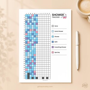 Könnte beinhalten: Ein Dusch-Tracker aus weißem Papier mit einem Raster für Monate und Tage. Der Tracker enthält eine Legende mit farbcodierten Kategorien: Keine, Schnelle Dusche, Dusche, Bad, Ausgiebige Dusche und Spa-Tag, sowie ein rosa Badewannensymbol.