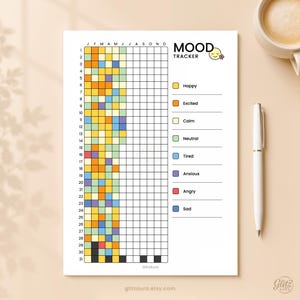 May include: A white paper mood tracker sheet featuring a grid for 31 days and 12 months. The tracker includes a color-coded legend with labels for Happy, Excited, Calm, Neutral, Tired, Anxious, Angry, and Sad. The header reads MOOD TRACKER.