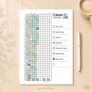 Afdrukbare pdf schoonmaaktracker, jaar in pixels, karweitracker, checklist huisreiniging, Bullet Journal, huisplanner, A4 A5-brief