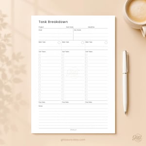 Op de afbeelding: Een wit Task Breakdown-plannerblad met zwarte tekst en lijnen. De lay-out bevat secties voor Project, Startdatum, Deadline, Doel, Belangrijke notities, drie kolommen voor Hoofdtaken en Subtaken met selectievakjes en een sectie voor notities.
