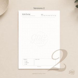 Pode incluir: Uma p&aacute;gina de planejador de papel branco intitulada Brain Dump com um padr&atilde;o de pontos. Inclui uma se&ccedil;&atilde;o de data com caixas de sele&ccedil;&atilde;o para os dias da semana, uma caixa de prioridade com op&ccedil;&otilde;es alta, m&eacute;dia e baixa, e uma caixa de pr&oacute;ximo passo. O texto Glitz Aura &eacute; vis&iacute;vel.