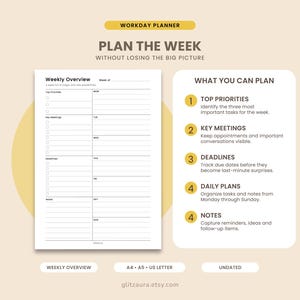 May include: A workday planner template featuring a weekly overview page with sections for top priorities, key meetings, deadlines, and notes. Beside it, a guide lists what to plan, including top priorities, key meetings, deadlines, daily plans, and notes.