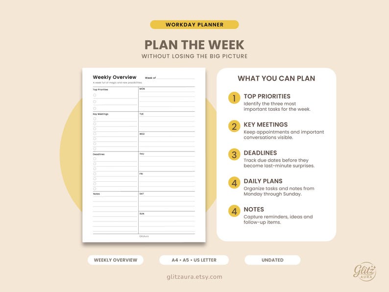 May include: A workday planner template featuring a weekly overview page with sections for top priorities, key meetings, deadlines, and notes. Beside it, a guide lists what to plan, including top priorities, key meetings, deadlines, daily plans, and notes.
