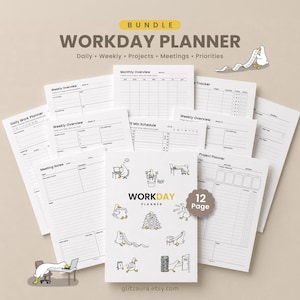 Pacote de Planejamento Diário de Trabalho em PDF para Impressão, Planejador Diário de Trabalho, Planejador Semanal, Planejador de Projetos, Anotações de Reuniões, Matriz de Prioridades A4, A5 e Carta