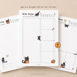 Printbare brainstormpagina's met Halloween-thema (kat en pompoen), 4 lay-outs met checklists, stippenraster en lege vakjes, A4, A5 en Letter PDF.