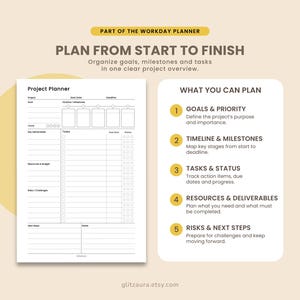 Projektplanerare utskrivbar PDF, projektledningsplanerare, uppgiftsspårare, milstolpetidslinje, deadlinespårare, A4 A5 brevplanerareinsats bild 3