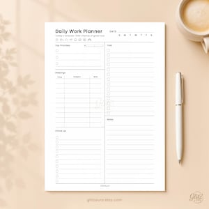 May include: A white daily work planner sheet with black text and lines. Sections include Top Priorities, Task, Meetings, Follow up, and Notes. The header reads Daily Work Planner, Date, and Today's forecast: 100% chance of good luck.