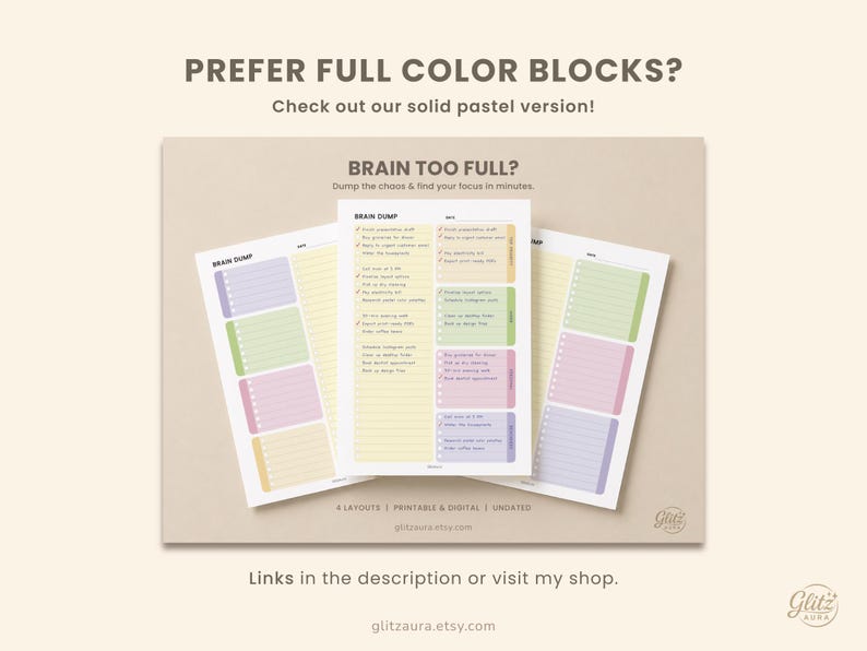 Pode incluir: Tr&ecirc;s folhas de planeamento tipo brain dump imprim&iacute;veis com sec&ccedil;&otilde;es em cores pastel. O texto diz BRAIN TOO FULL? Dump the chaos & find your focus in minutes. Cada folha apresenta um formato de lista com caixas de verifica&ccedil;&atilde;o e datas.