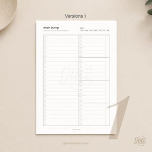 Pode incluir: Uma p&aacute;gina de planejador em papel branco intitulada Brain Dump com um campo de data, caixas de sele&ccedil;&atilde;o para os dias da semana e duas colunas de linhas para tarefas. O texto inclui Versions 1, Brain Dump, e a marca GlitzAura.