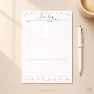 Può includere: Un foglio di carta bianco per pianificazione con il testo brain dump in alto, caratterizzato da un layout a griglia diviso in quattro sezioni etichettate come Work, Personal, Health e Finance. Il bordo è decorato con piccole icone di fiori e stelle.