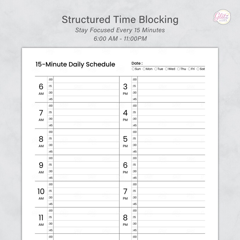 15 Minute Daily Schedule Printable Hourly Planner Time Blocking Planner ...