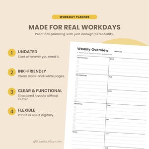May include: A digital workday planner page titled Weekly Overview with sections for Top Priorities, Key Meetings, and Deadlines. The layout includes daily slots for Monday through Sunday, featuring a clean black-and-white design with text labels.